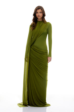 Aurohaya Emilia Green Asymmetrical Ribbon Draped Maxi Dress
