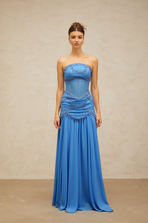 Aurohaya Gaëlle Blue Faux-pearl-embellished Pleated Maxi Dress