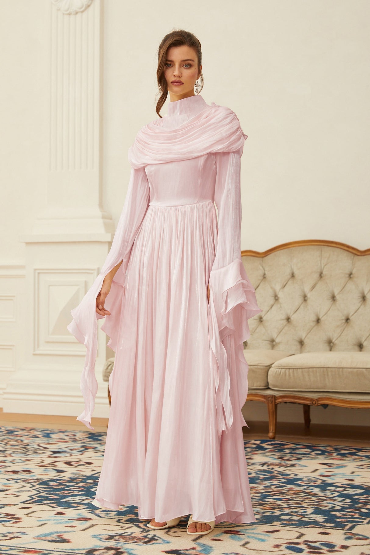 Aurohaya Danuta Pink Ruched Pleated Maxi Dress