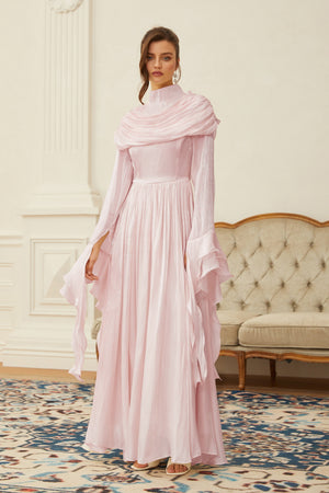 Aurohaya Danuta Pink Ruched Pleated Maxi Dress