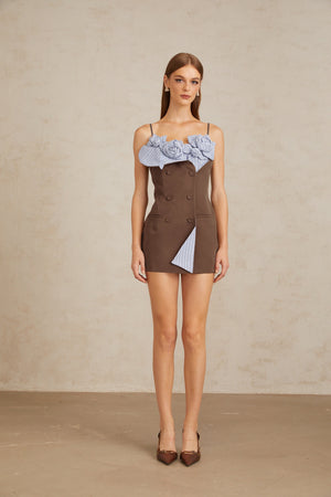 Aurohaya Johanna Brown Floral Panelled Mini Dress