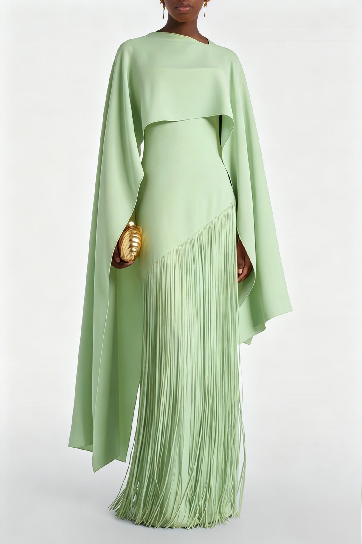 Aurohaya Cayetana Emerald Green Fringe Maxi Dress with Cape Effect