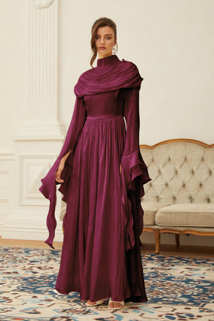 Aurohaya Danuta Burgundy Ruched Pleated Maxi Dress