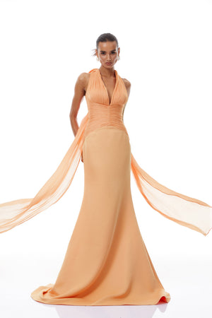 Aurohaya Emmeline Orange Train Design Gathered Maxi Dress