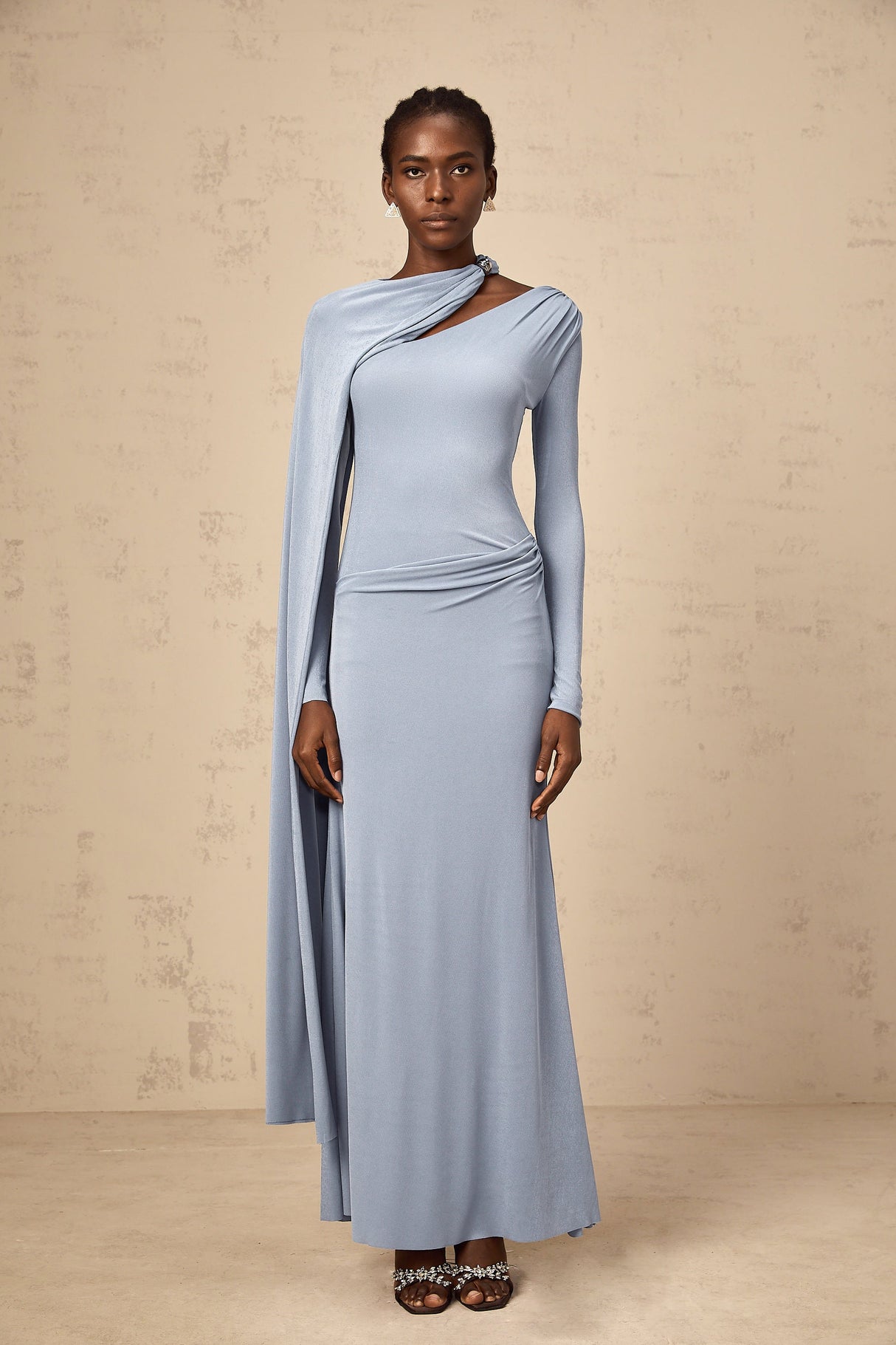 Aurohaya Josette Blue Diagonal Shawl Fitted Maxi Dress
