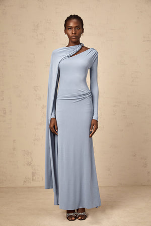 Aurohaya Josette Blue Diagonal Shawl Fitted Maxi Dress