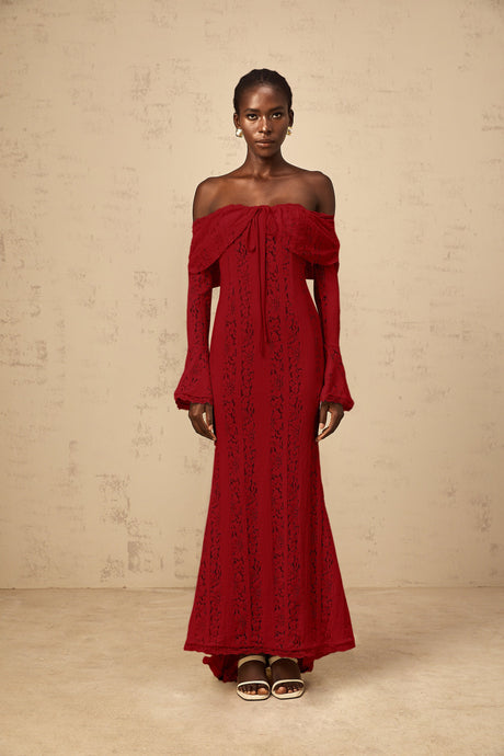 Aurohaya Émeline floral lace train-design maxi dress in Red