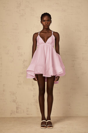 Aurohaya Quincie Pink Shirred Flounced Mini Dress