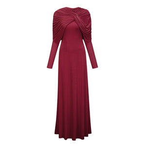 Aurohaya Moderne Red Cape-Design Ruched Maxi Dress