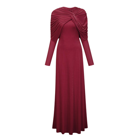 Aurohaya Moderne Red Cape-Design Ruched Maxi Dress