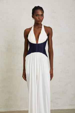 Aurohaya Airi White Halterneck Denim Panel Maxi Dress