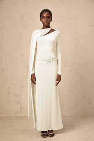Aurohaya Josette White Diagonal Shawl Fitted Maxi Dress