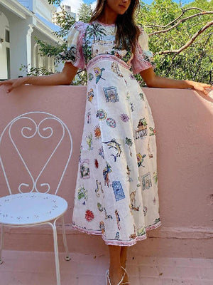 Aurohaya Feature Printed Ethnic Style Round Neck Midi Dress White