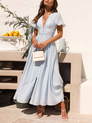 Aurohaya Puff Sleeve V-Neck Long Oversized Hem Dress Blue