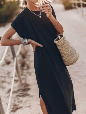 Aurohaya Effortless Open Sleeve Slit Oversized T-shirt Midi Dress