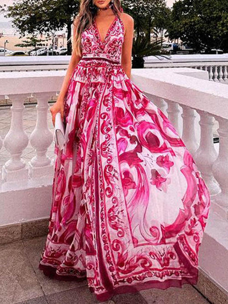 Aurohaya Halter Neck Backless Printed Fashionable Maxi Dress Rose Red