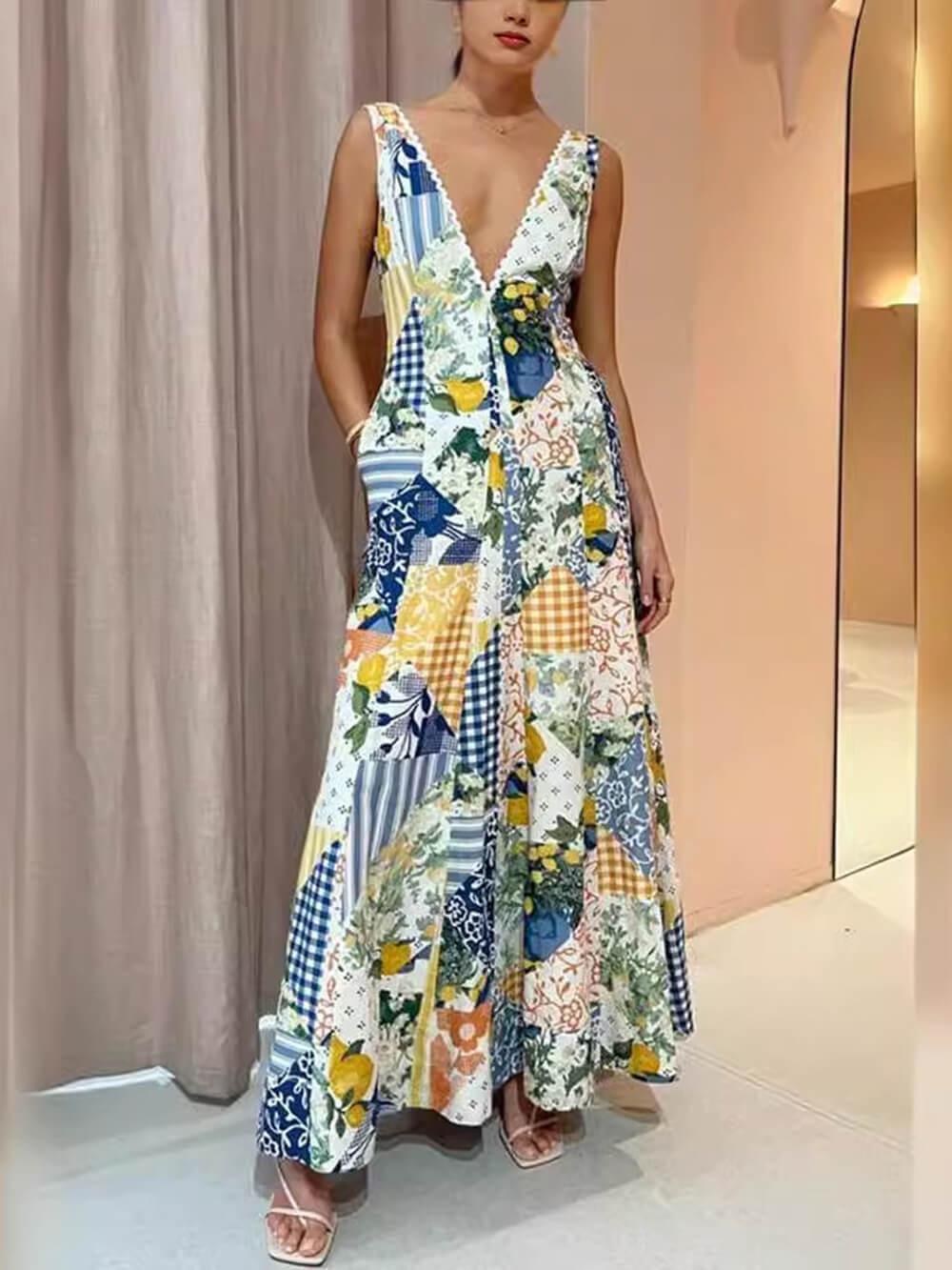Aurohaya Casual Printed Sleeveless Large V-Neck Dress Multicolor