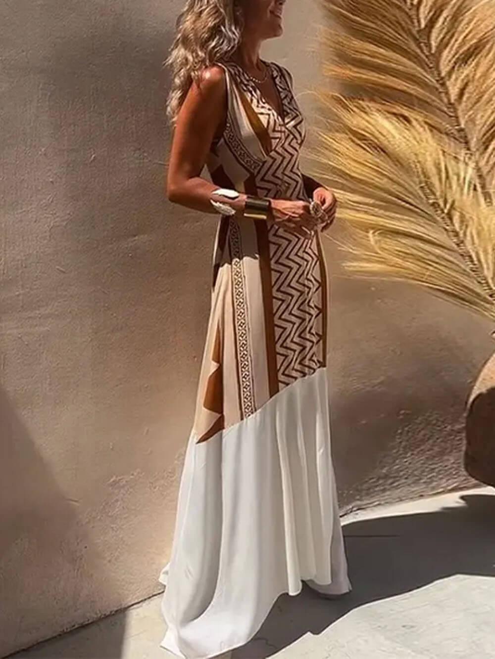 Aurohaya Ethnic Print Patchwork A-line Maxi Dress