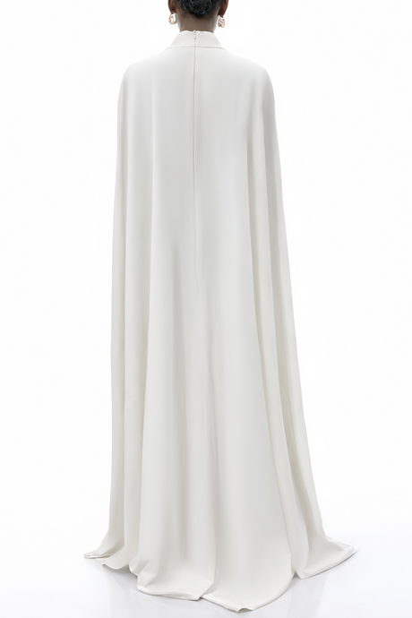 Aurohaya Antonina White Cape Maxi Gown with Long Sleeves