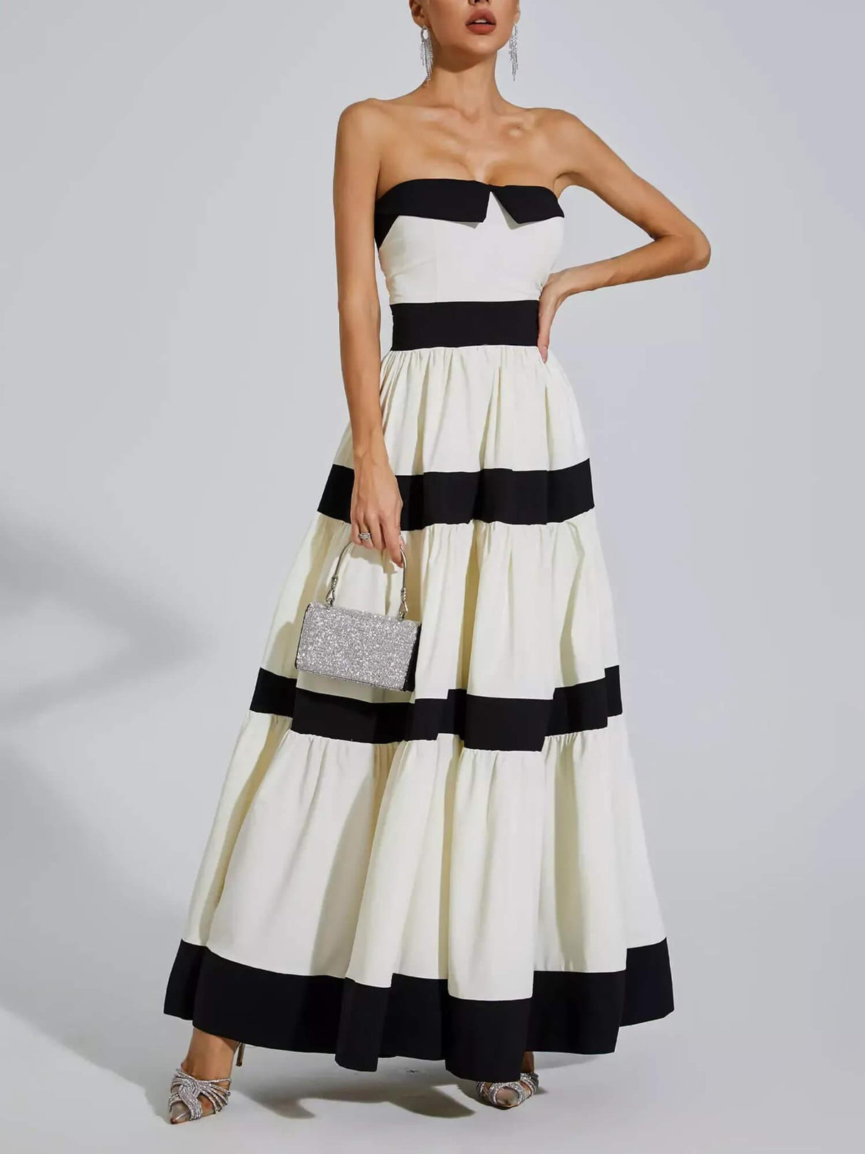 Aurohaya Elegant Striped Bow A-Line Maxi Dress