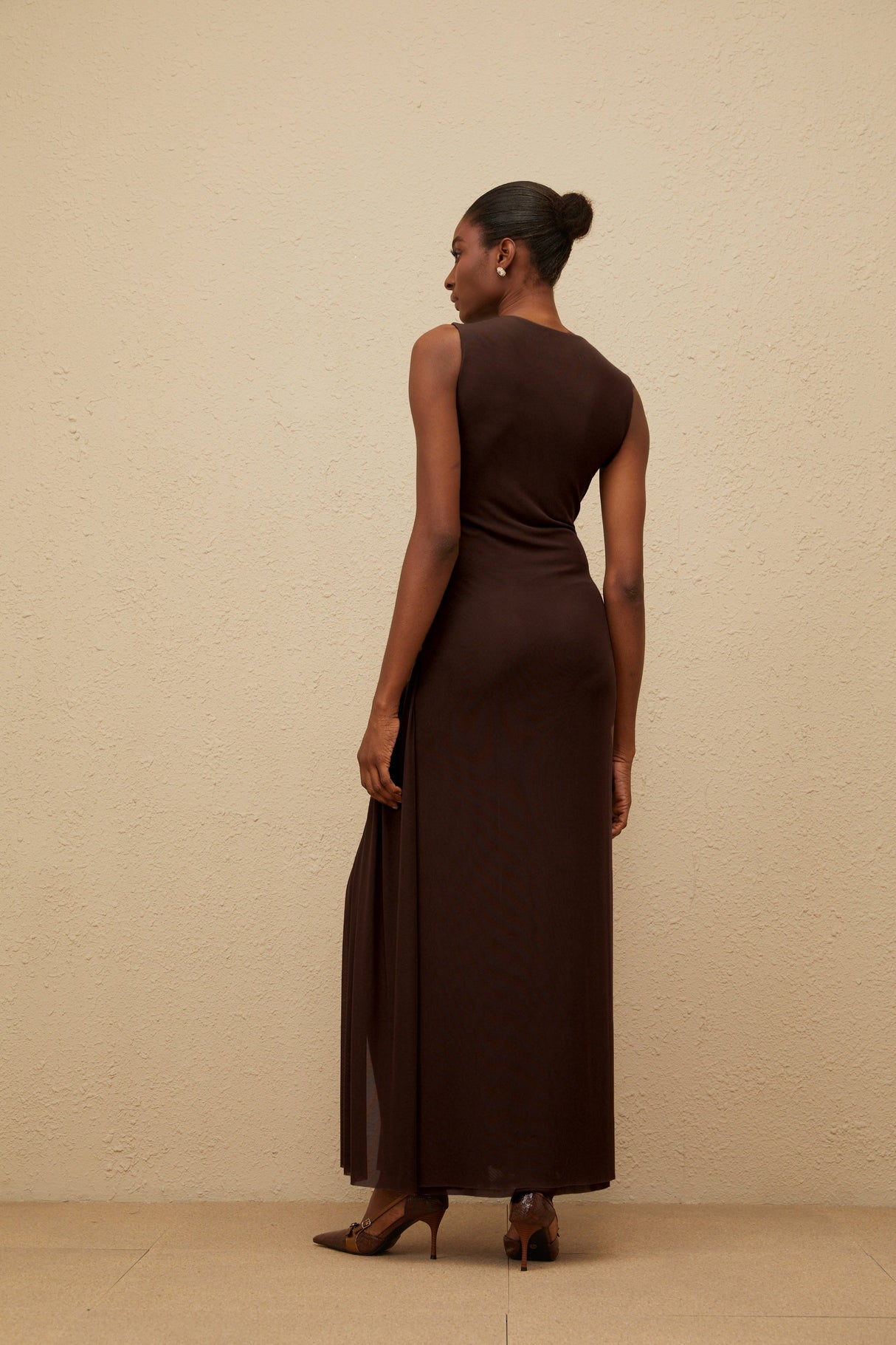 Aurohaya Daphné Brown Asymmetrical Braided Tulle Midi Dress