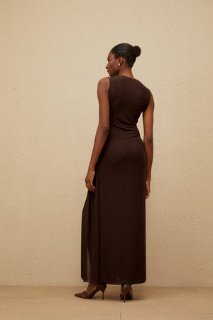 Aurohaya Daphné Brown Asymmetrical Braided Tulle Midi Dress