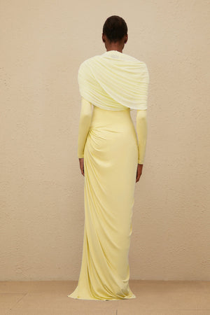 Aurohaya Catherine Yellow Asymmetrical Pleated Long-Sleeve Maxi Dress