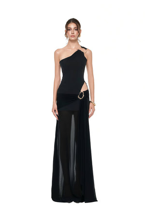 Aurohaya Tiziana Black One Shoulder Cut Out Maxi Dress