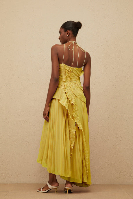 Aurohaya Doux Yellow Ruffled Trim Pleated Midi Dress