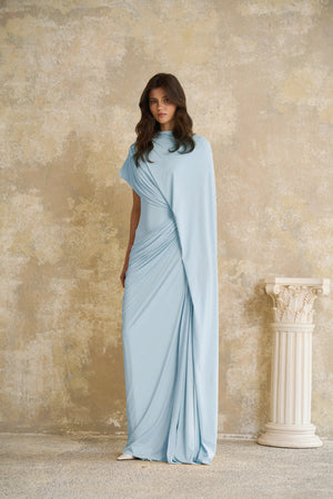 Aurohaya Fenella Blue Asymmetrical Draped Cape & Dress Matching Set