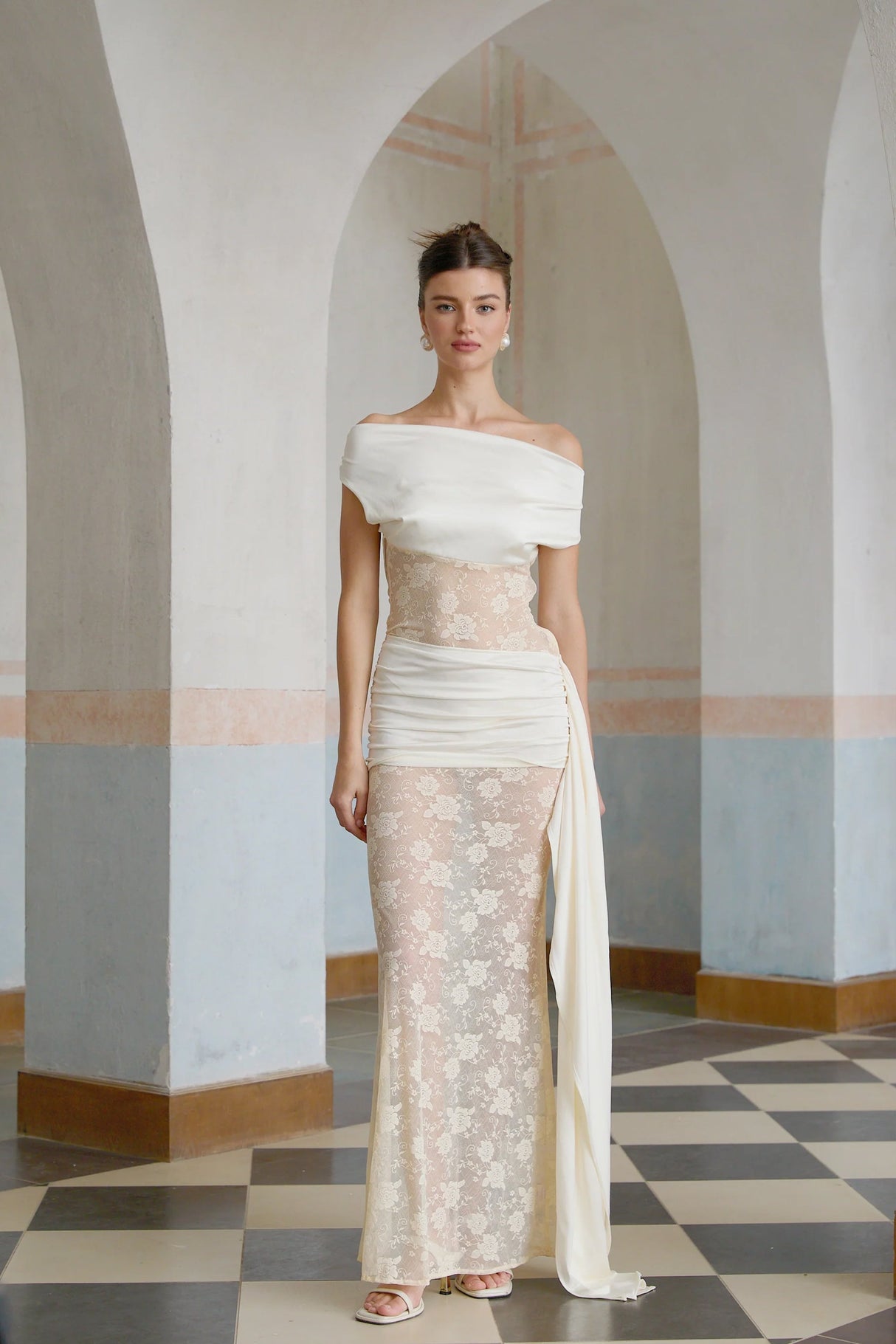 Aurohaya Lilou neutrals ribbon panelled floral-lace maxi dress