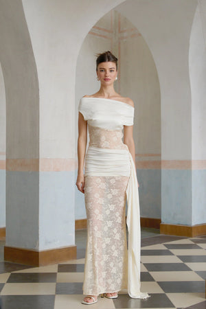 Aurohaya Lilou neutrals ribbon panelled floral-lace maxi dress