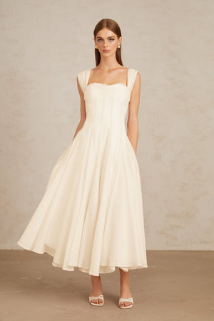 Aurohaya Érasme Cream White Flounced Midi dress