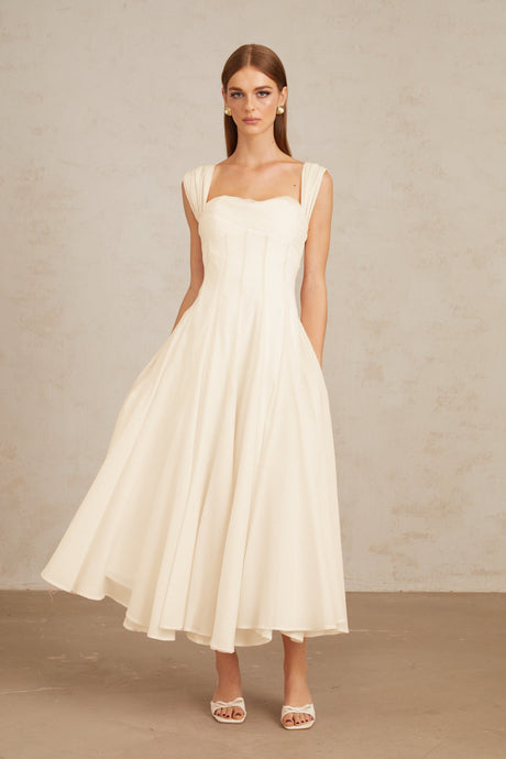 Aurohaya Érasme Cream White Flounced Midi dress