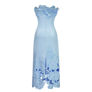 Aurohaya Inga Blue Strapless Floral Embroidered Maxi Dress