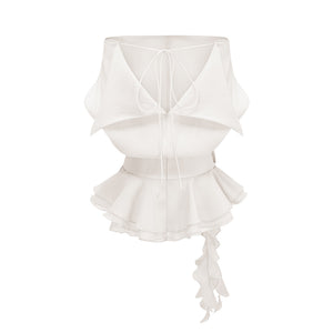 Aurohaya Amélie White Floral Appliqué Flounced Mini Dress