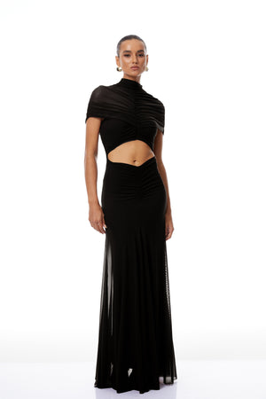 Aurohaya Bruna Cut-Out Ruched Mesh Maxi Dress