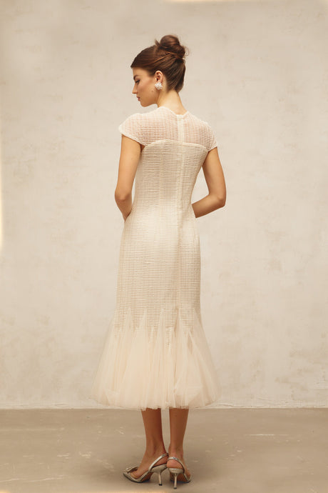 Aurohaya Bérengère white jacquard tulle-panel midi dress