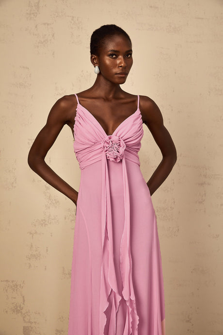 Aurohaya Ysandre Rose-Pink 3D Petal Tulle Maxi Dress