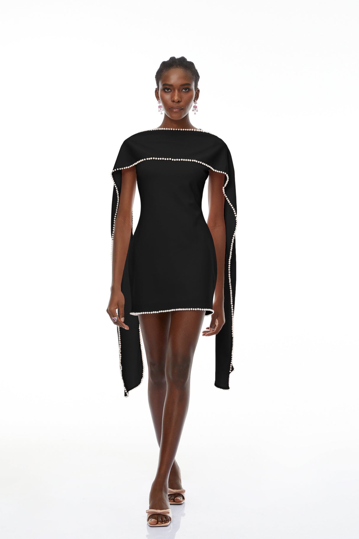 Aurohaya Piroska Black Sleeveless Pearl Trim Mini Dress