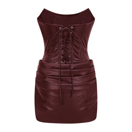 Aurohaya Agnes Brown Ruched Leather Bodycon Mini Dress