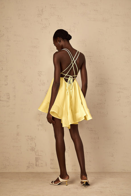 Aurohaya Quincie Yellow Shirred Flounced Mini Dress