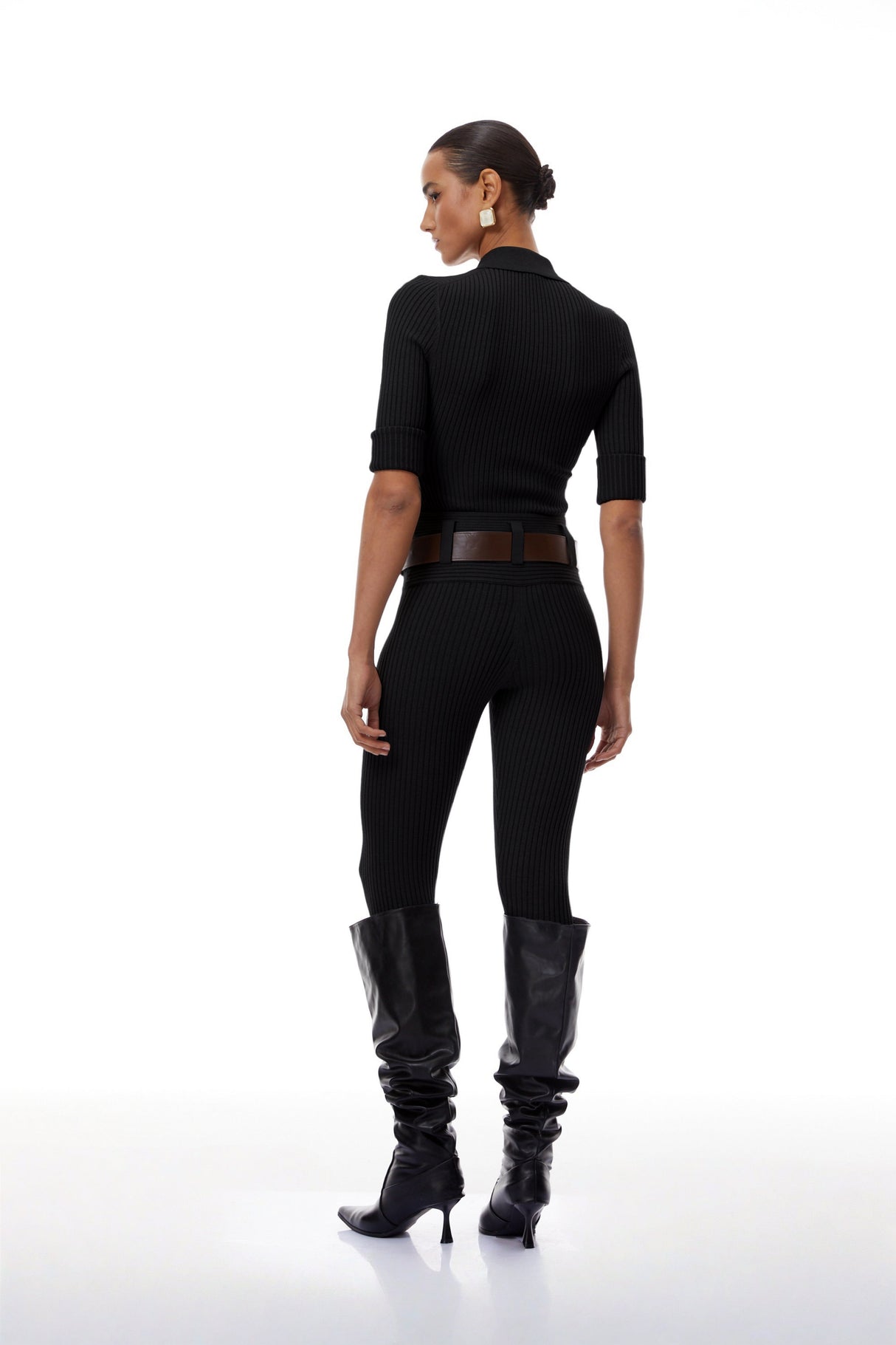 Aurohaya Claire Black Ribbed Knit Bodysuit & Trousers Set