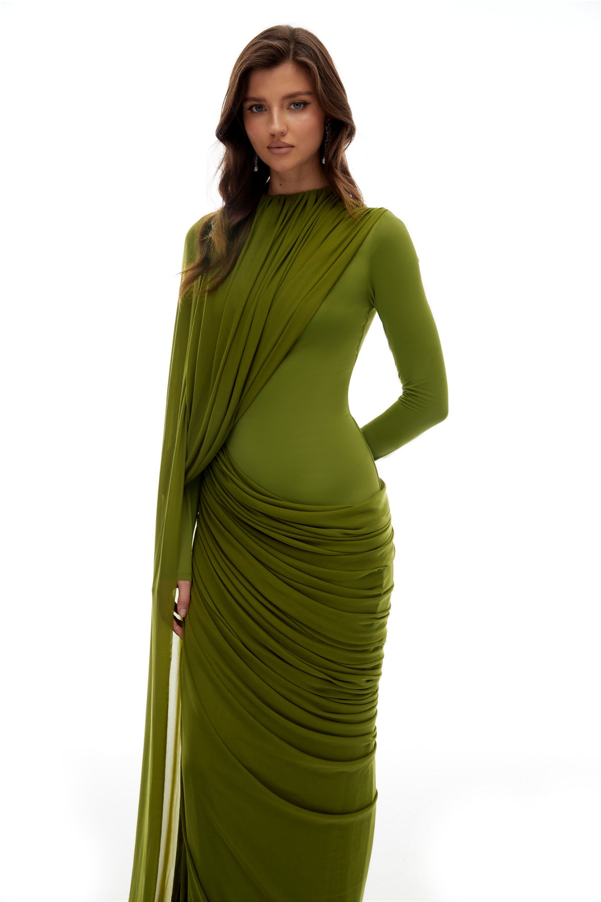 Aurohaya Emilia Green Asymmetrical Ribbon Draped Maxi Dress