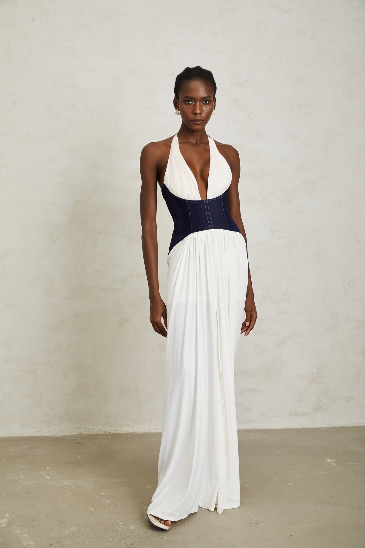 Aurohaya Airi White Halterneck Denim Panel Maxi Dress