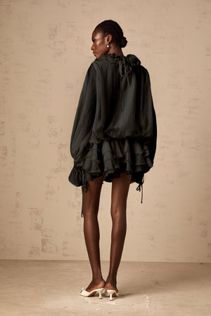 Aurohaya Zéphyrine floral-appliqué tiered mini dress in Black