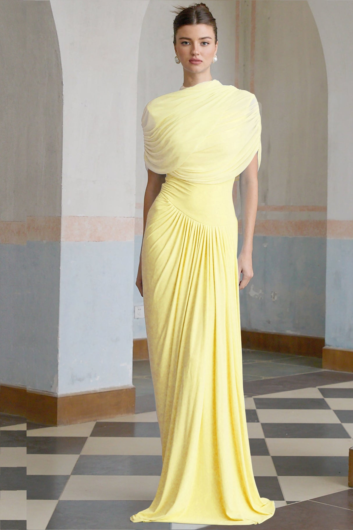 Aurohaya Catherine asymmetrical pleated maxi dress in Yellow