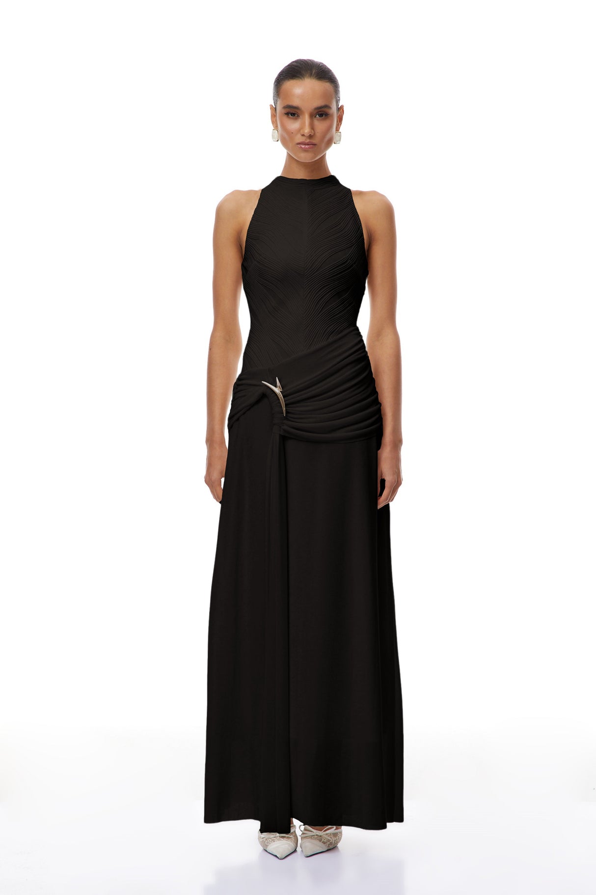 Aurohaya Klara Black Ruched Ribbon Textured Maxi Dress