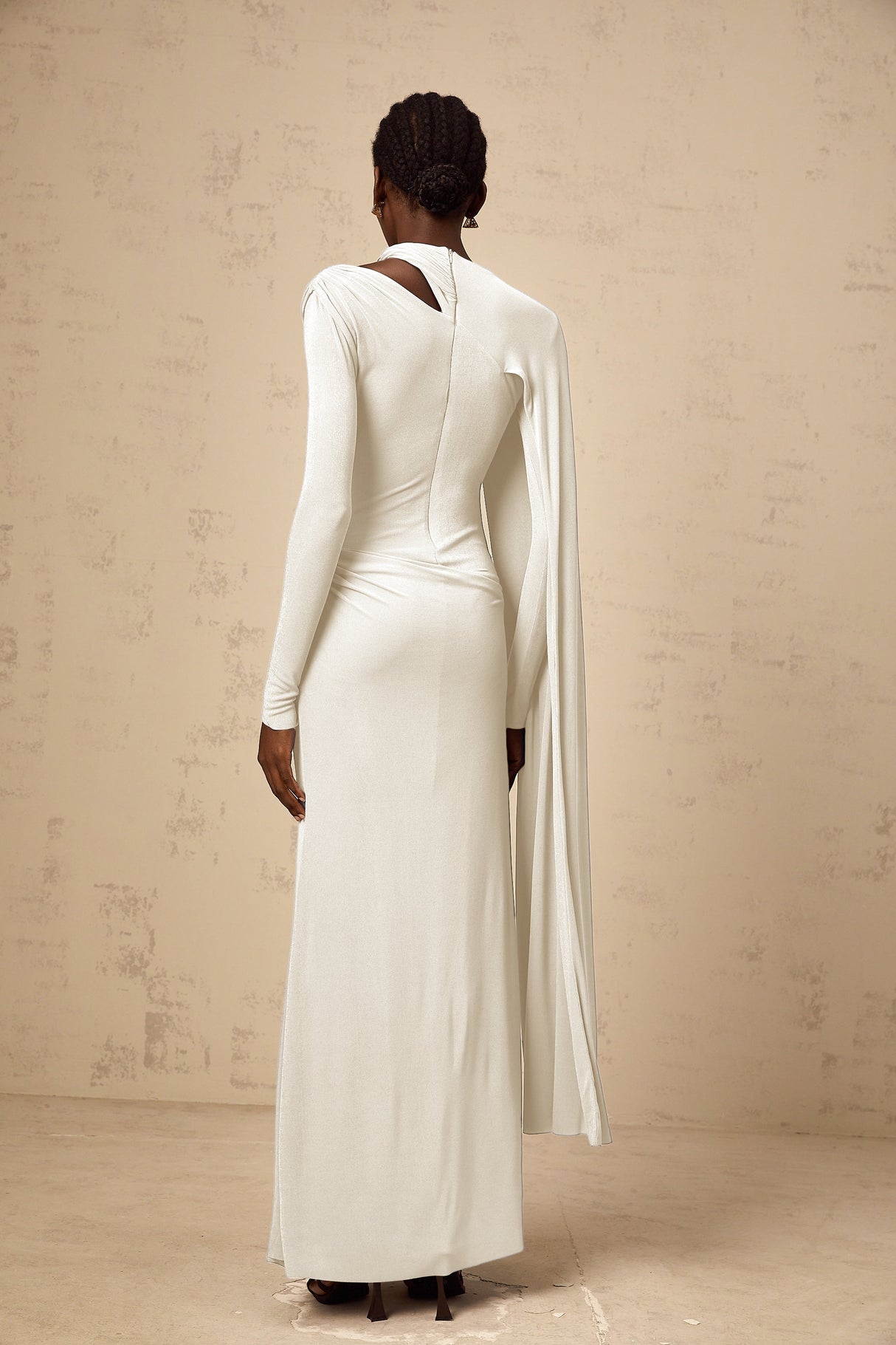 Aurohaya Josette White Diagonal Shawl Fitted Maxi Dress