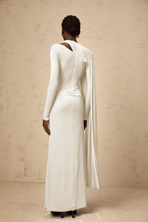 Aurohaya Josette White Diagonal Shawl Fitted Maxi Dress
